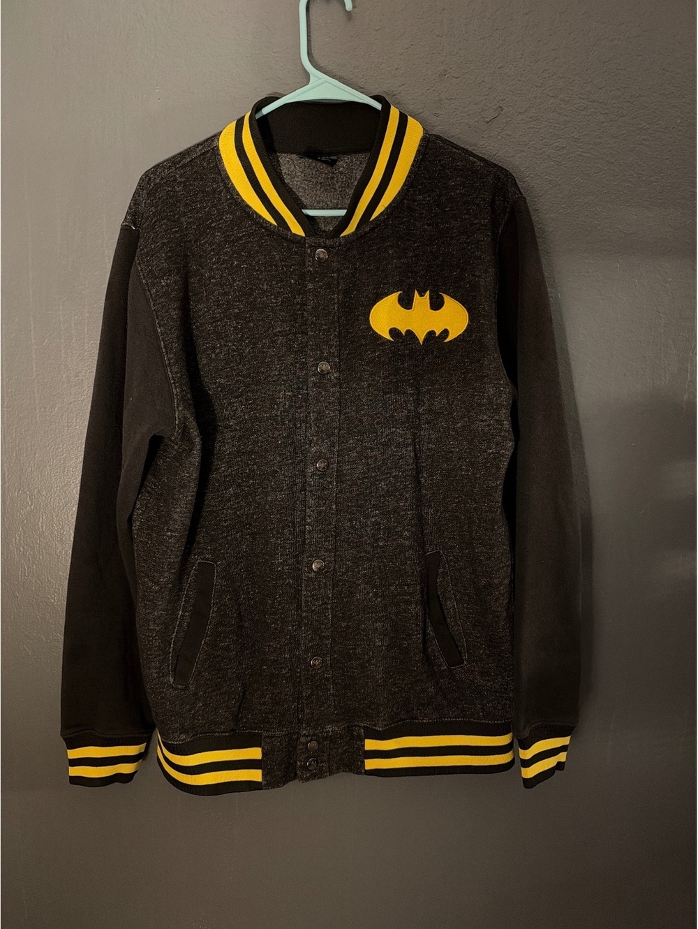 Batman Logo Varsity Jacket with Yellow Stripe Detail